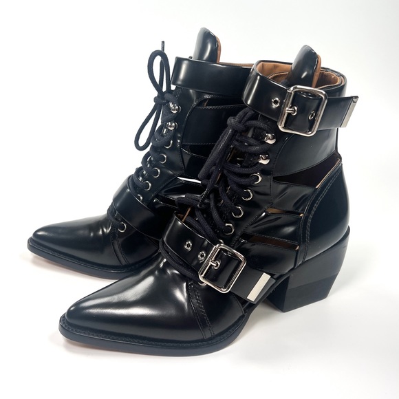 Chloe Black Leather Buckle Lace Up Heeled Boot - Picture 1 of 7